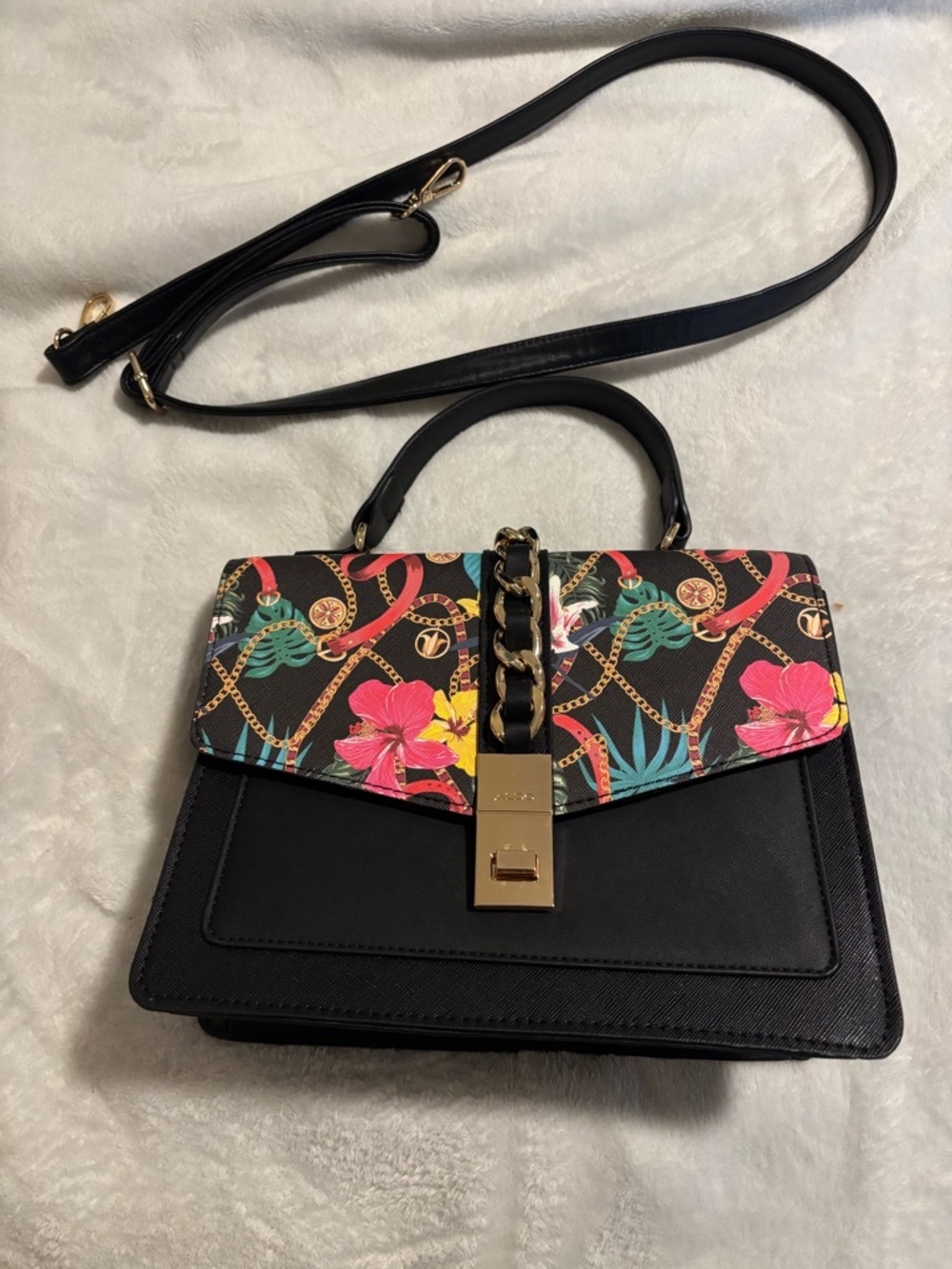 5 for $30 sale! Aldo Black Crossbody Top-Handle Bag with Floral Chain Flap
